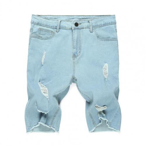 Mannen Ripped Korte Jeans Katoen Shorts Ademend Denim Shorts Mannen Jeans Vernietigd Hole Skinny Korte Jean Homme Pantalones Hombre: Light Blue / 2XL