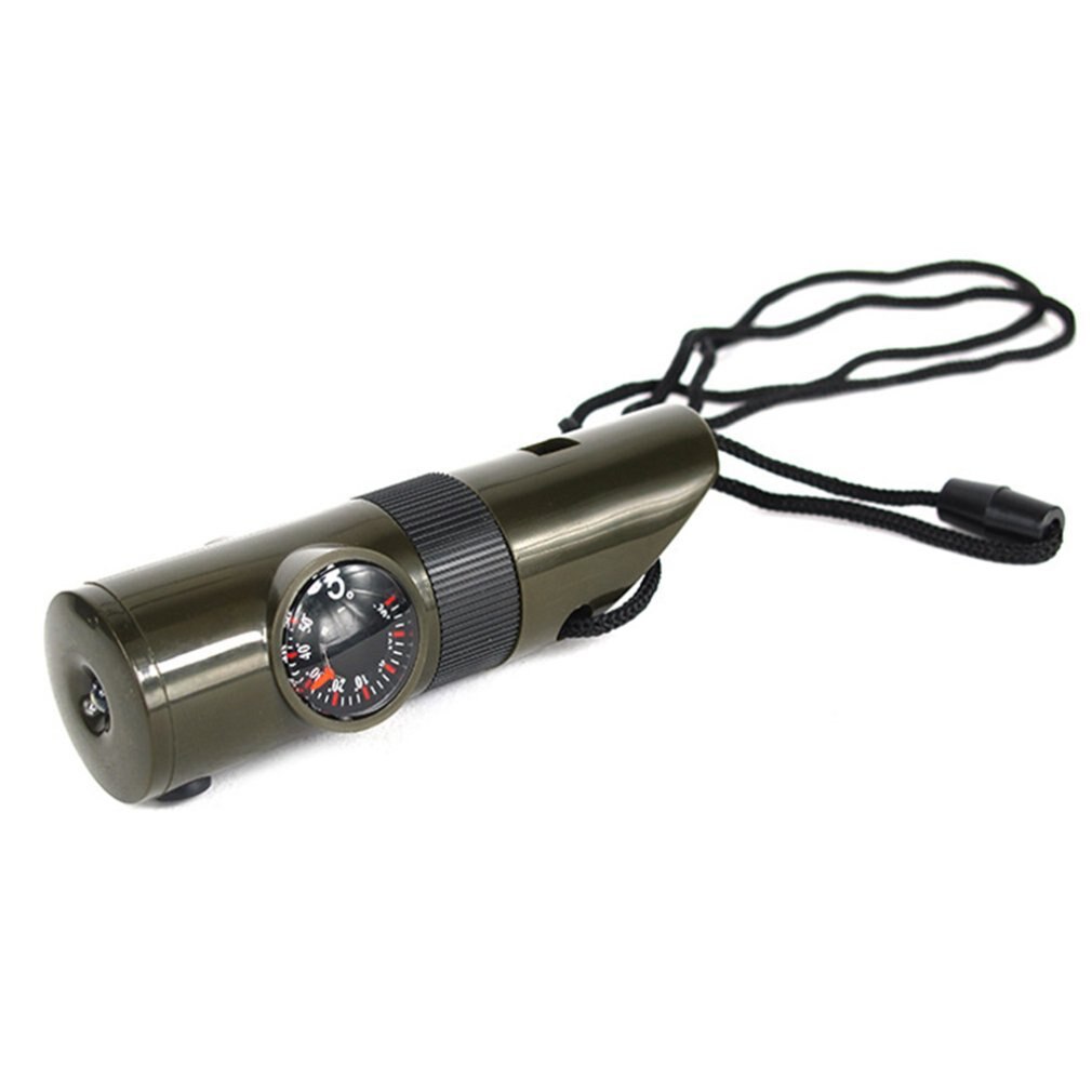 Multifunctional Whistle 7 In 1 Survival Trekking Compass Mirror Torch Magnifier Led Light Thermometer Storage Tools