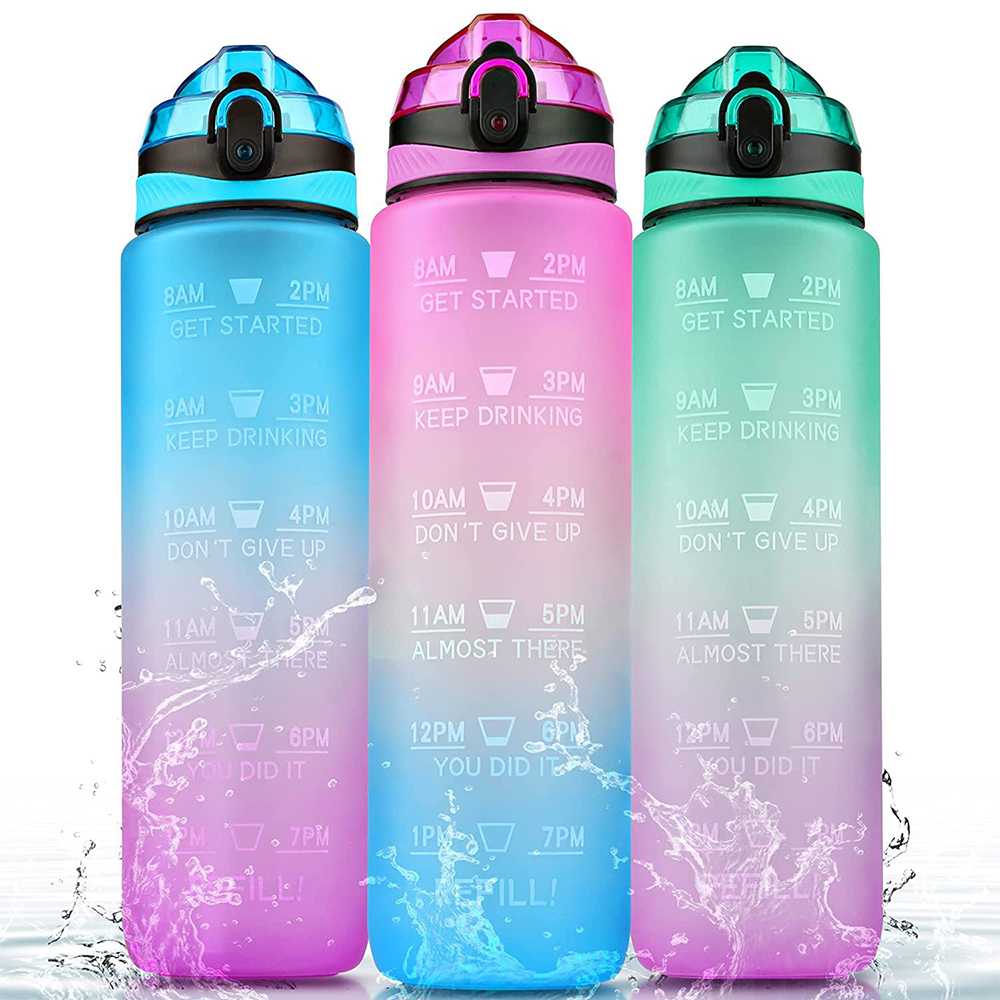 Botella de agua deportiva de 1l, frasco de bebida motivacional con marcas de tiempo, libre de BPA, para deportes, gimnasio, al aire libre, sello a prueba de fugas