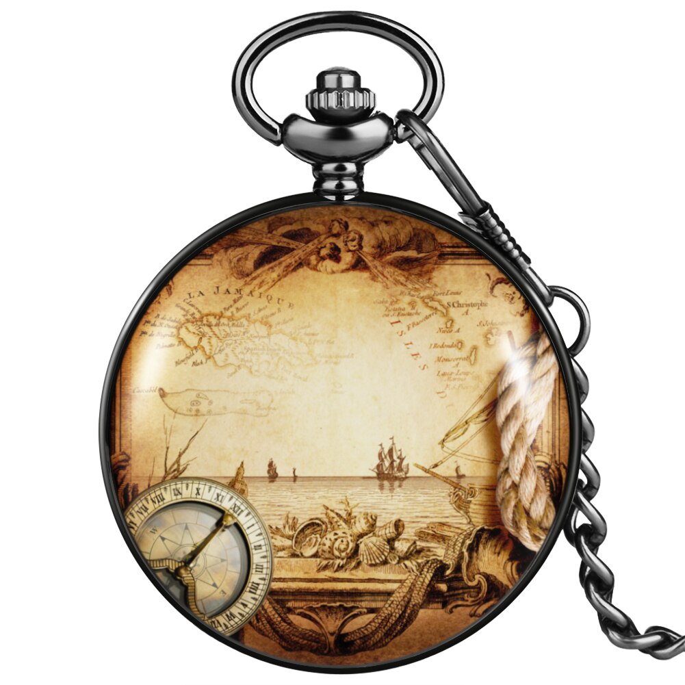 Reloj de bolsillo antiguo Nostalgia, brújula, patrón de mapa, números arábigos precisos, esfera lisa, cubierta Unisex, cadena gruesa, collar, Relojes: 2