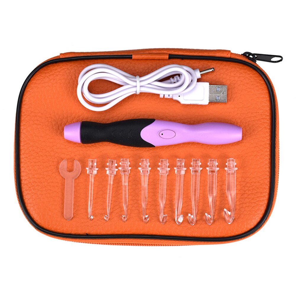 Plast usb led lys opp håndtak strikkepinne heklenål lett vevd syhåndverksverktøy med pose strikkeverktøysett: Oransje