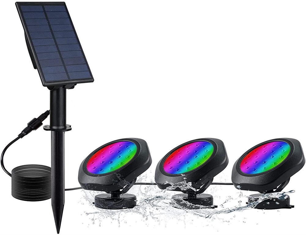 Luces LED solares para estanque de peces, luz subacuática de paisaje impermeable IP68, RGB, luz de fuente para acuario, decoración de césped: 3 Head - RGB