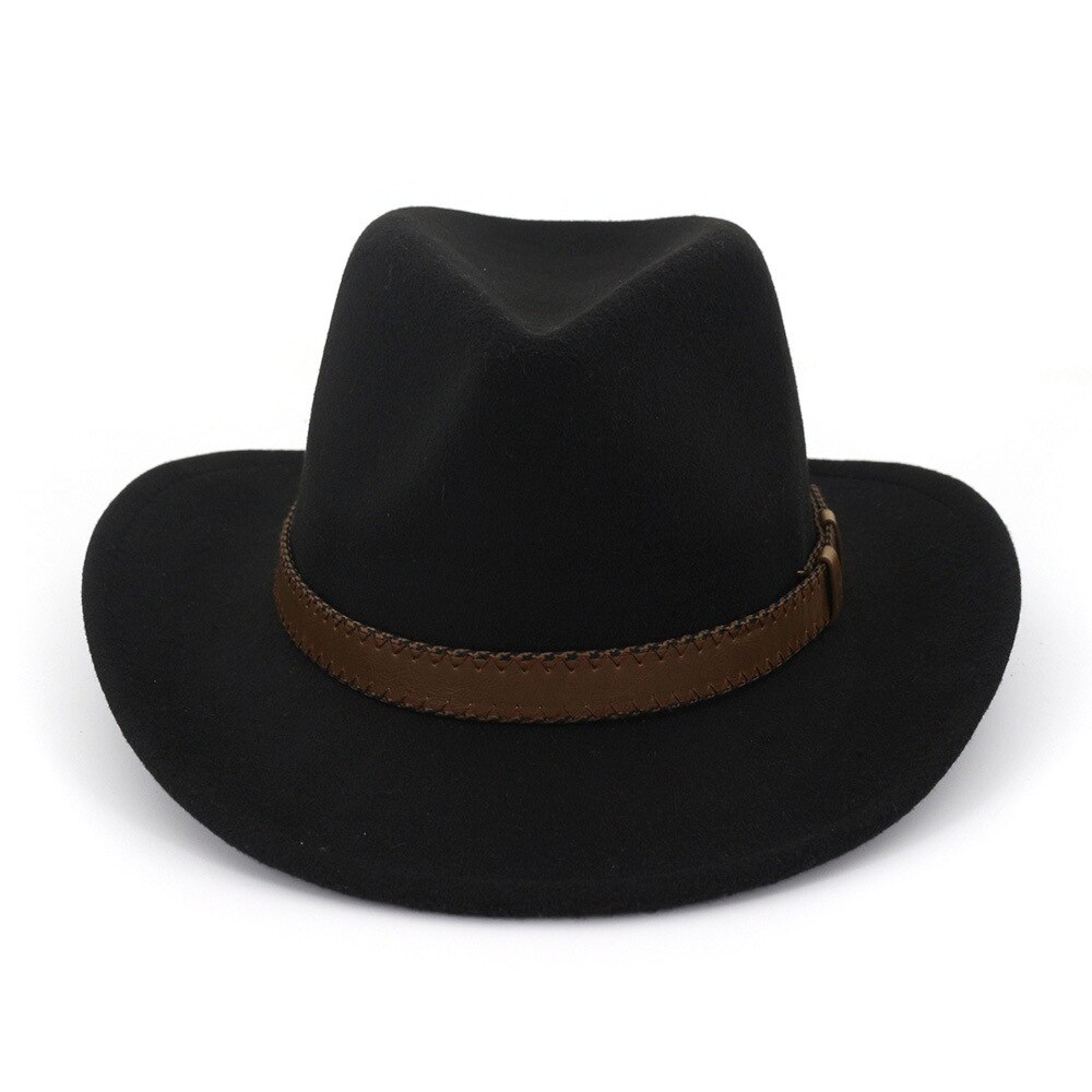QBHAT-sombreros de fieltro de lana para hombre y mujer, sombrero de fieltro de vaquero con banda de cuero marrón oscuro, gorra Formal de clásica,: Negro