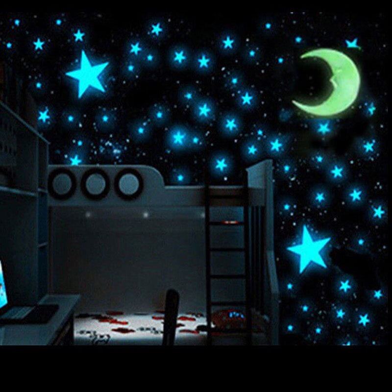 3D Lichtgevende Stickers Voor Kinderkamer Decoratie En Slaapkamer Decor Starry Blauw Licht Sterren En Maan Combinatie Muursticker