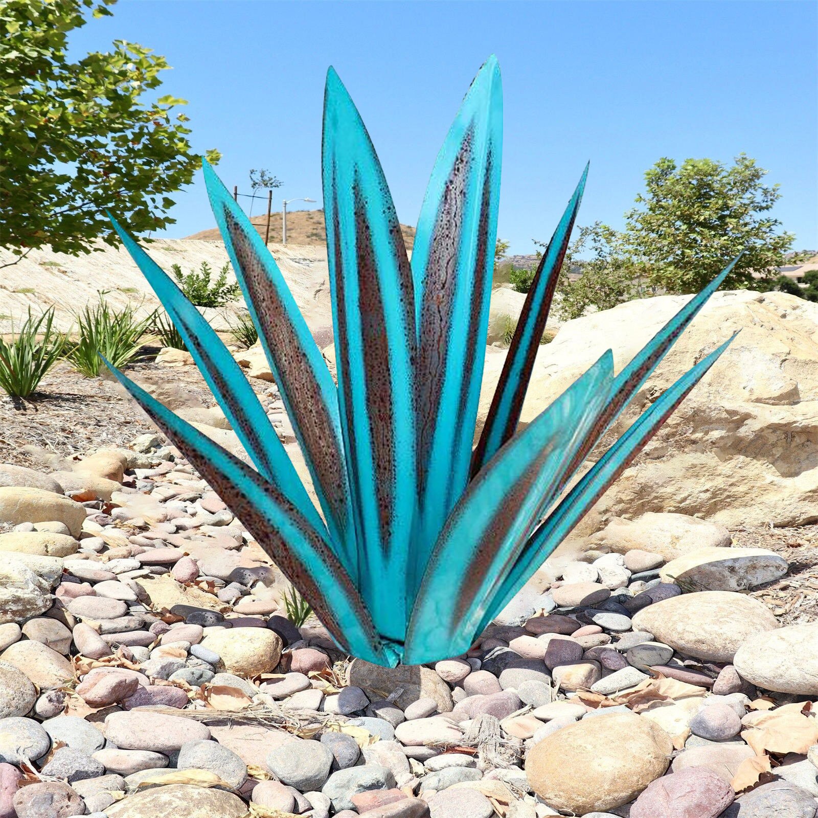 Plante d'agave en métal bricolage, Sculpture rustique de Tequila, décoration artistique de jardin de cour, décoration de maison, Figurines de jardin, piquet de cour: Sky Blue