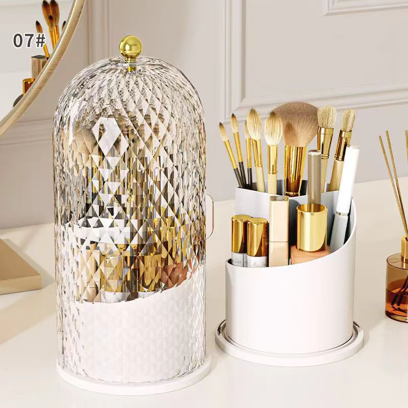 Porta brochas de maquillaje con tapa Diamond Birdcage 360 ° Organizador de maquillaje giratorio, caja de almacenamiento de cosméticos a prueba de polvo, contenedor de lápiz labial