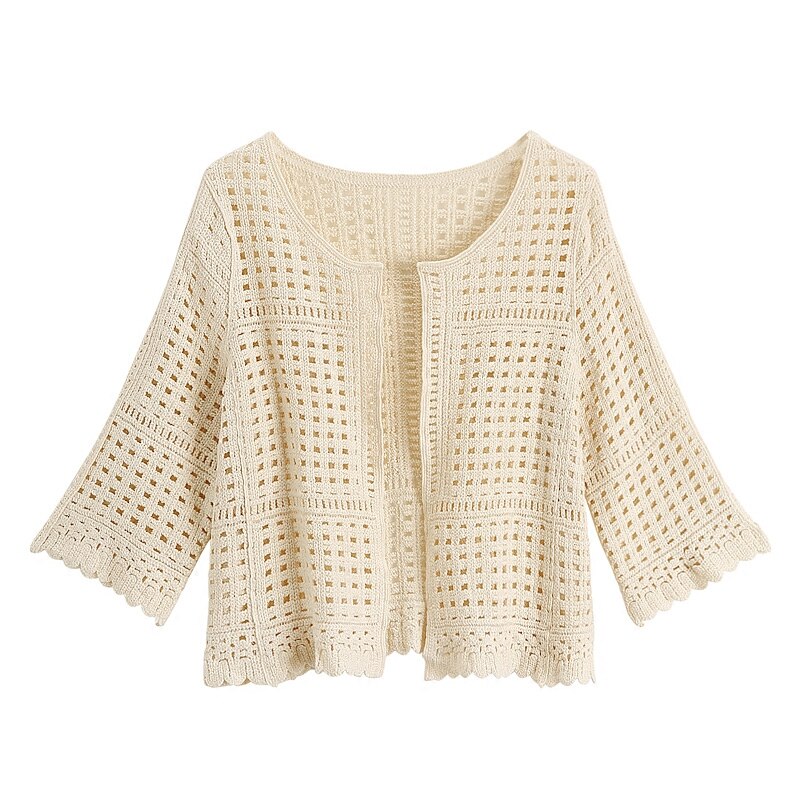 Casual Tops Vrouwelijke Dunne Stitch Hollow Vrouwen Zomer Uit Kant Half Mouw Gebreide O-hals Wit Bolero Gehaakte Open Vest