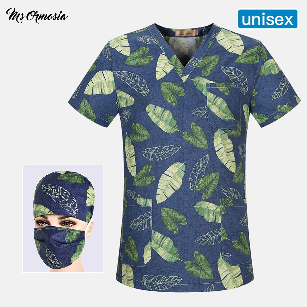 Atmungsaktive frauen Peeling oben Baumwolle einstellbare Uniform Blau Drucken Uniform V-ausschnitt Hemd labor Arbeitskleidung Neue oben + Hütte