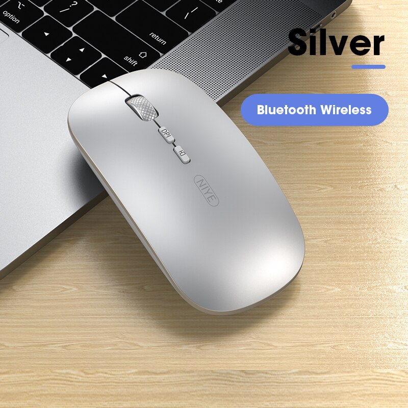 Niye Rechargeable Wireless Mouse - Bluetooth & 2.4GHz USB - Silent Click - Adjustable DPI - for iPad, Laptop, PC: Bluetooth Silver