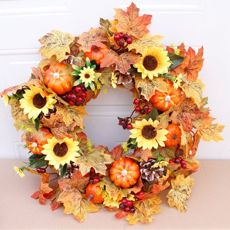 Kunstmatige Zonnebloem Pompoen Pine Cone Berry & Maple Leaf Krans, Voor Halloween & Thanksgiving Thuis Arrangement Decoratie