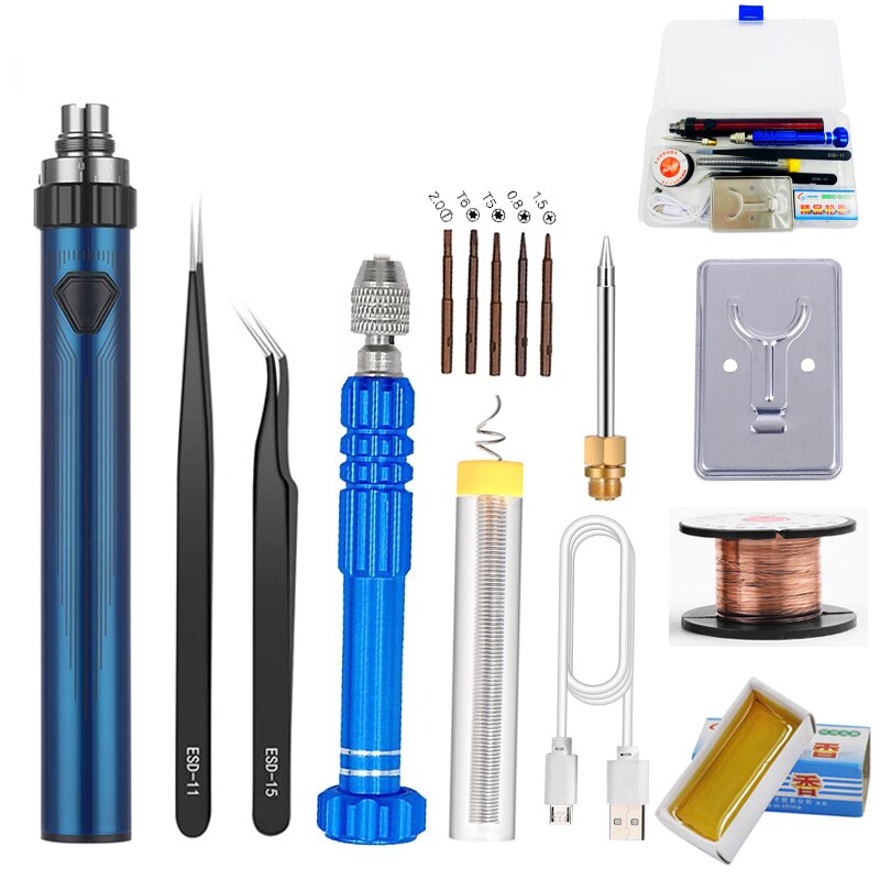 usb battery soldering iron 510 soldering iron 16-piece soldering iron kit storage box adjustable piezoelectric soldering iron: Blue