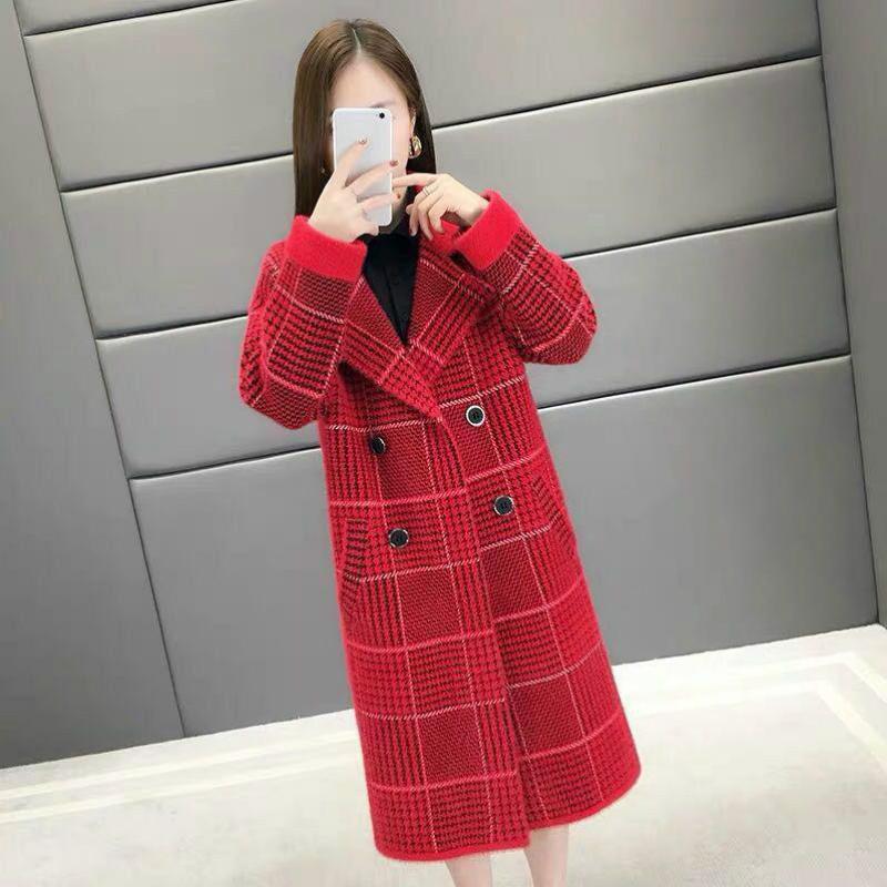 Female Casual Thickening Plaid Plus Size Mink Velvet Overcoat Winter Medium Long Double-breasted Blend Coat: 3 / XL
