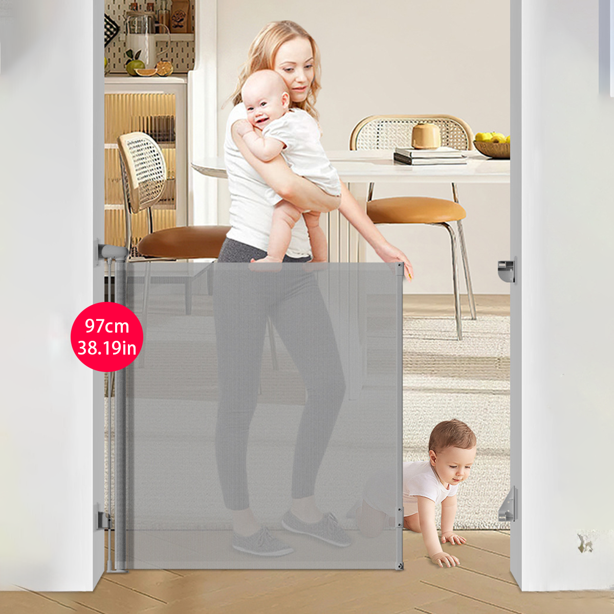 Retractable Baby Safety Gate, 140cm Extra Wide Mesh Pet Barrier for Stairs Doorways, Auto-Lock Toddler Dog Gate
