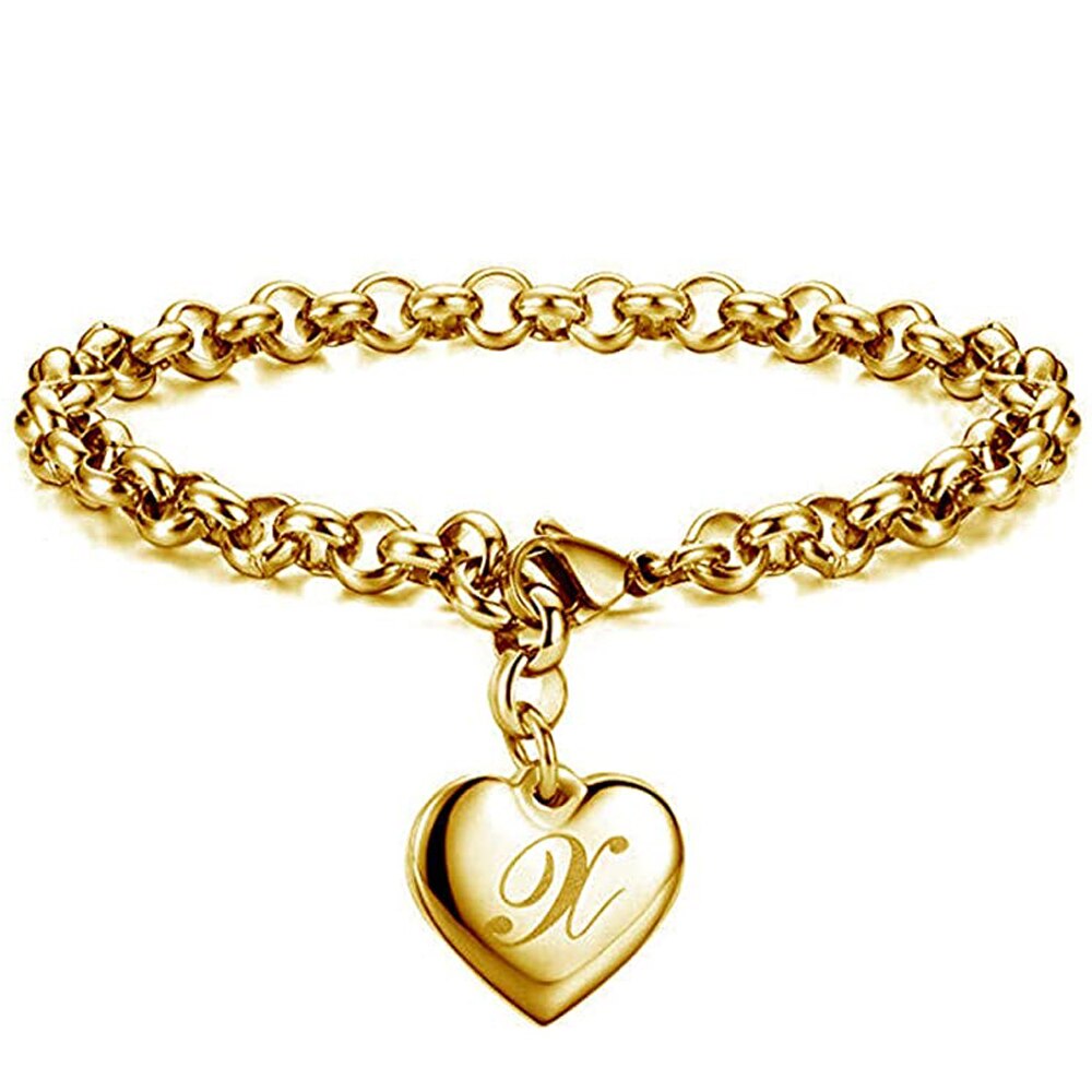 Bracelet avec lettres de l'alphabet en acier inoxydable, 26 lettres, breloque initiale, couleur or, pour femmes et filles, pour enfants