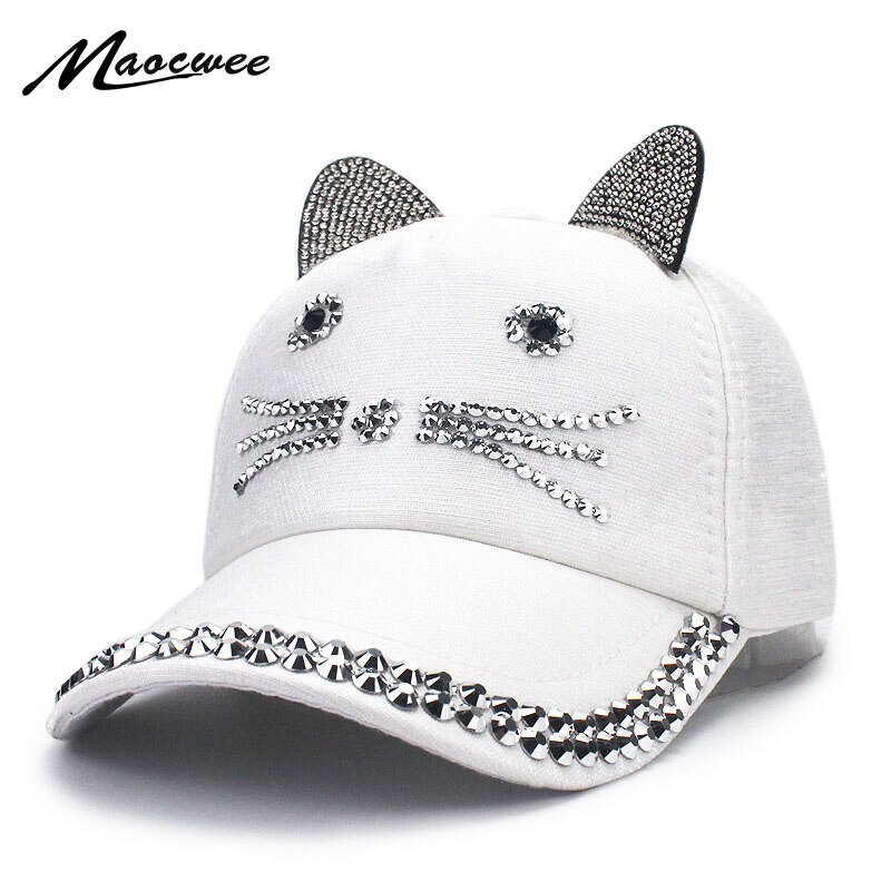 Gorra de béisbol con orejas de gato y diamantes para niña, gorro de béisbol con orejas bonitas, ajustable, Hip Hop, Snapback, para verano