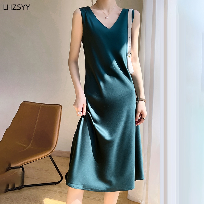 Lhzsyy silke satin for/bag v-hals slyngekjole dame ærmeløs vest top forår sommer morbærsilke hofte lange nederdele
