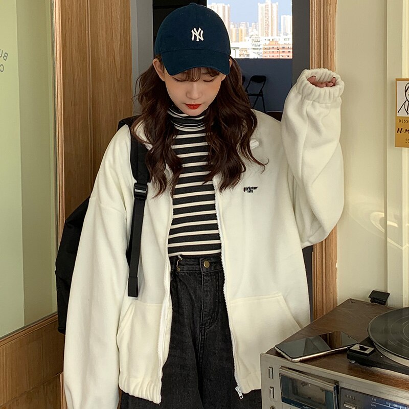 Hættetrøjer kvinder lynlås-nedslået krave trykt lomme langærmet koreansk stil trendy afslappet bf ulzzang harajuku kvinders dagligt