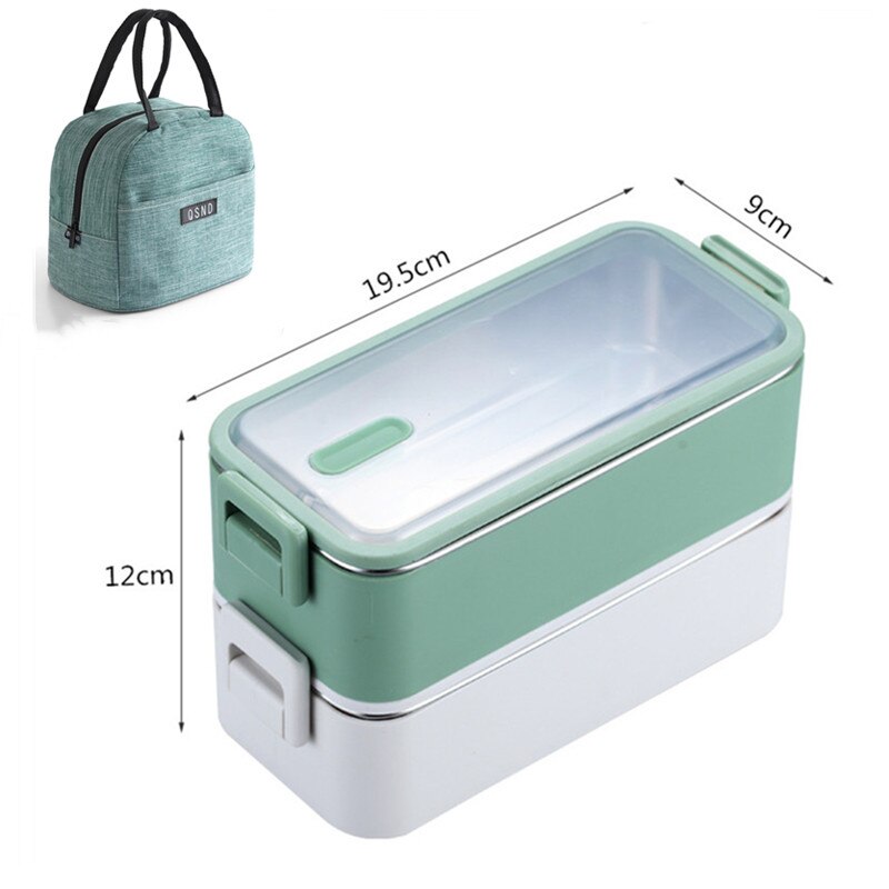 1100ml Double Layer Stainless Steel 304 Lunch Box Leak-proof Bento Boxes Microwave Adult Student Food Storage Container BPA Free: Green with Bag