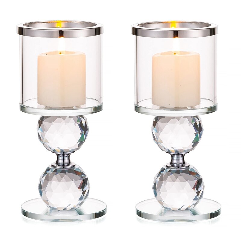 Crystal Glass Pillar Candle Holder Clear Glass Candle Holder with Glass Covers for Table Centerpiece Decoration