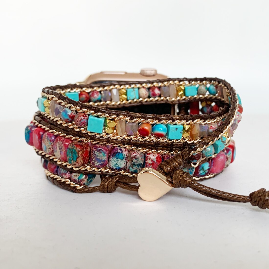 Bracelet en pierre de jaspe impérial, pour Apple Watch, Boho, perles, 3 enveloppes de cire, Bracelet Vegan, de noël