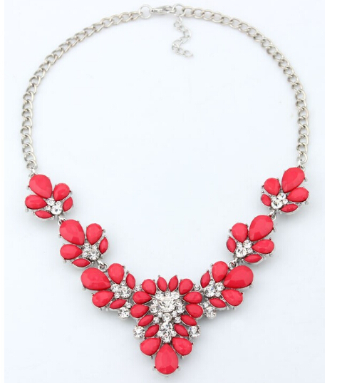 Crystal Kettingen Kleurrijke Crystal Gem Bloem Kraal Zilveren Hanger Statement Ketting Choker Kraag Ketting Voor Vrouwen: Red