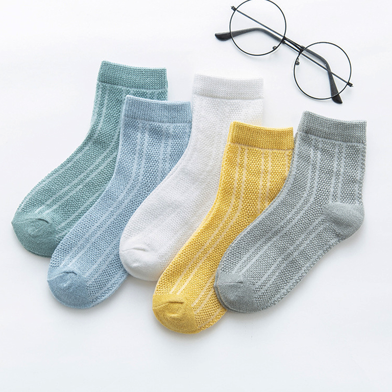 Calcetines de algodón suave para bebé, medias de malla de Color sólido para niño de 0 a 12 años, 5 par/lote: vertical stripes / 9-12 years old