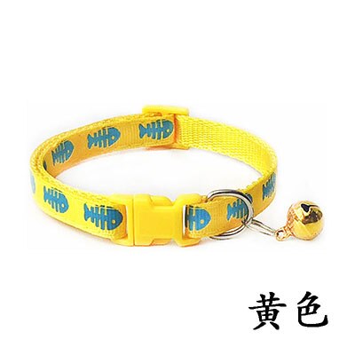 Collar ajustable con estampado de espina de pescado para mascotas, Collar de nailon para cachorros, gatitos y gatos con campanas, 19-32cm, 1,0 cm,: YELLOW