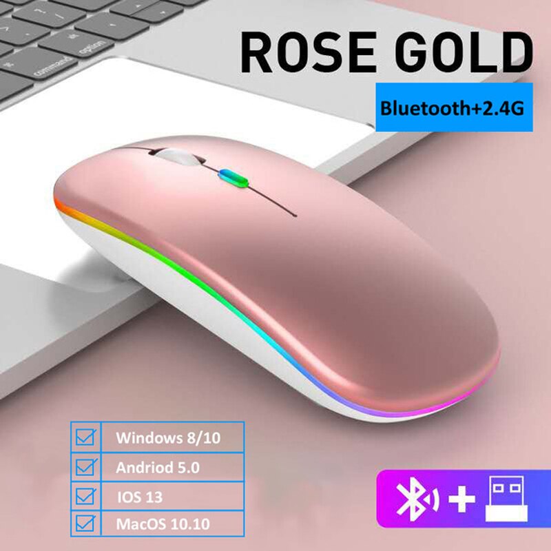 Wireless Mouse Bluetooth-compatible RGB Silent LED Backlit Ergonomic Gaming Mouse For Laptop Computer PC Macbook 2.4GHz 1600DPI: Dual mode-Rose