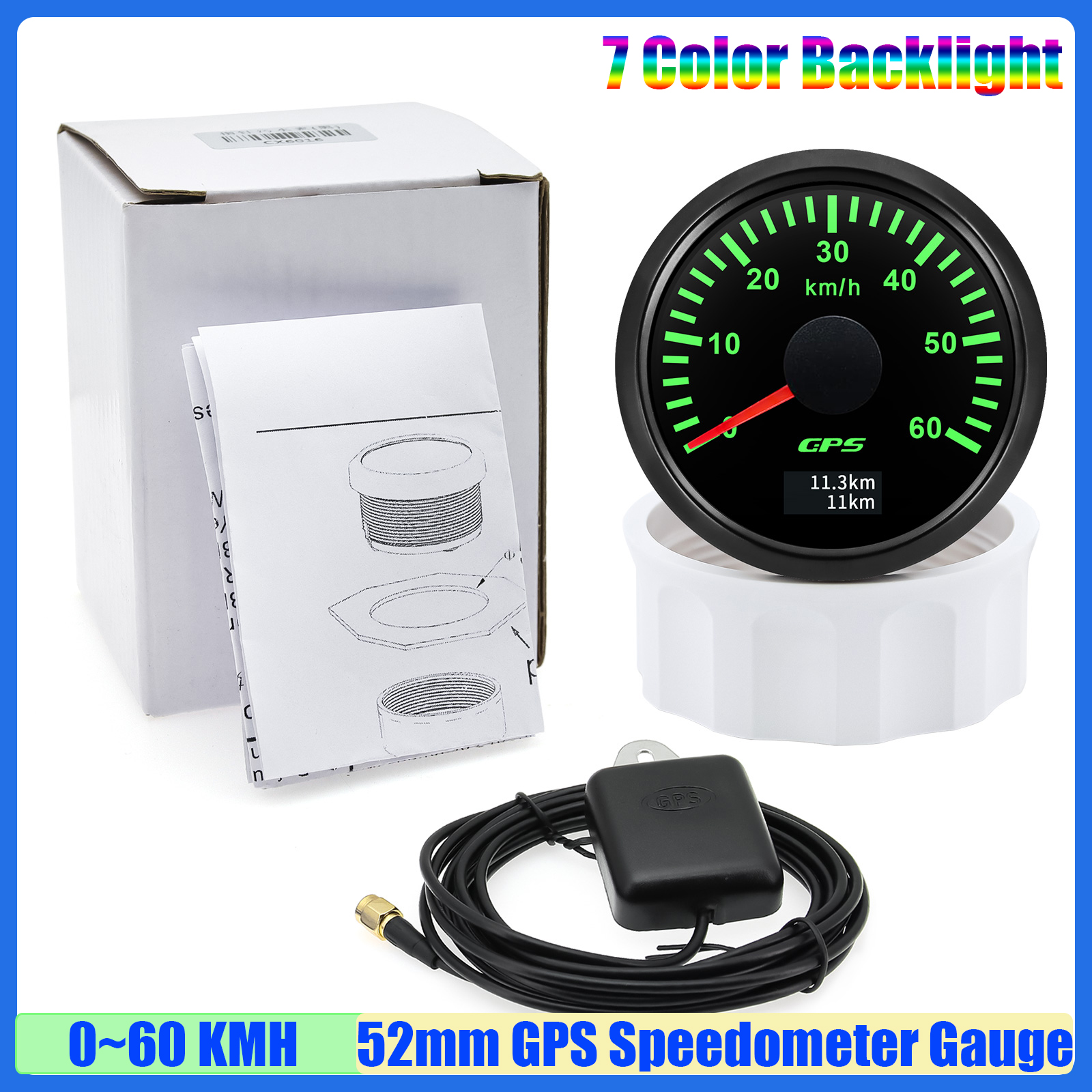 30 km/t 60 km/t 80 km/t 120 km 200 t gps-speedometer med antenne 7- farvet led-hastighedsmåler kilometertæller auto bil båd 12 v 24v brugerdefineret: Elfenben