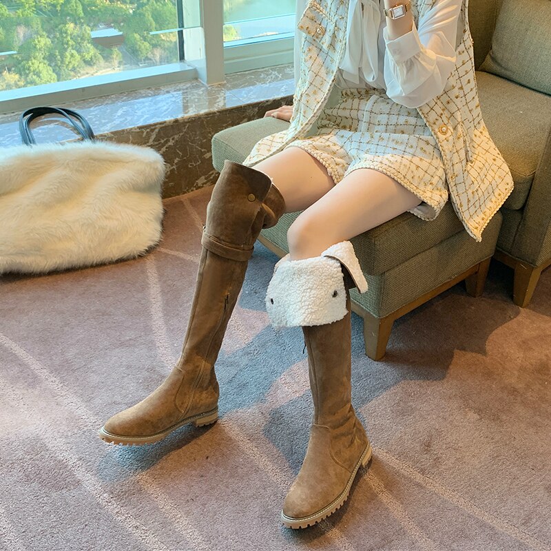 Women's Over The Knee High Boots Winter Plush Velvet Long Tube Suede Stretch Warm Fur Snow Boots Black Khaki Platform Shoes