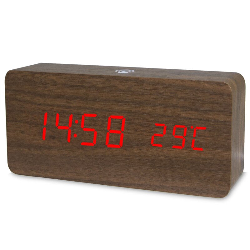 Led digital de madeira despertador app controle tempo temperatura data eletrônico desktop relógio usb bateria brilho controle de som: RED-RED