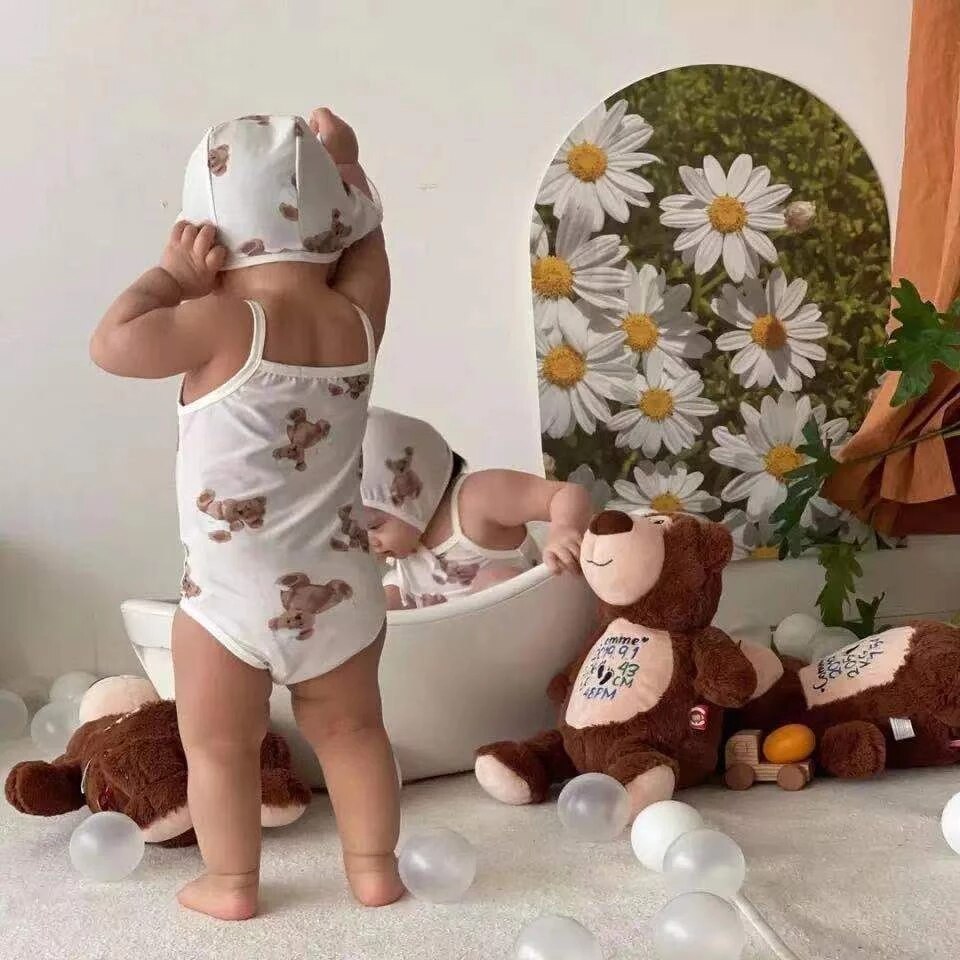 Pasgeboren Baby Baby Mouwloze Katoen Badpak Zomer Peuter Jongen En Meisje Cartoon Beer Patroon Schattige Kinderen Badpak