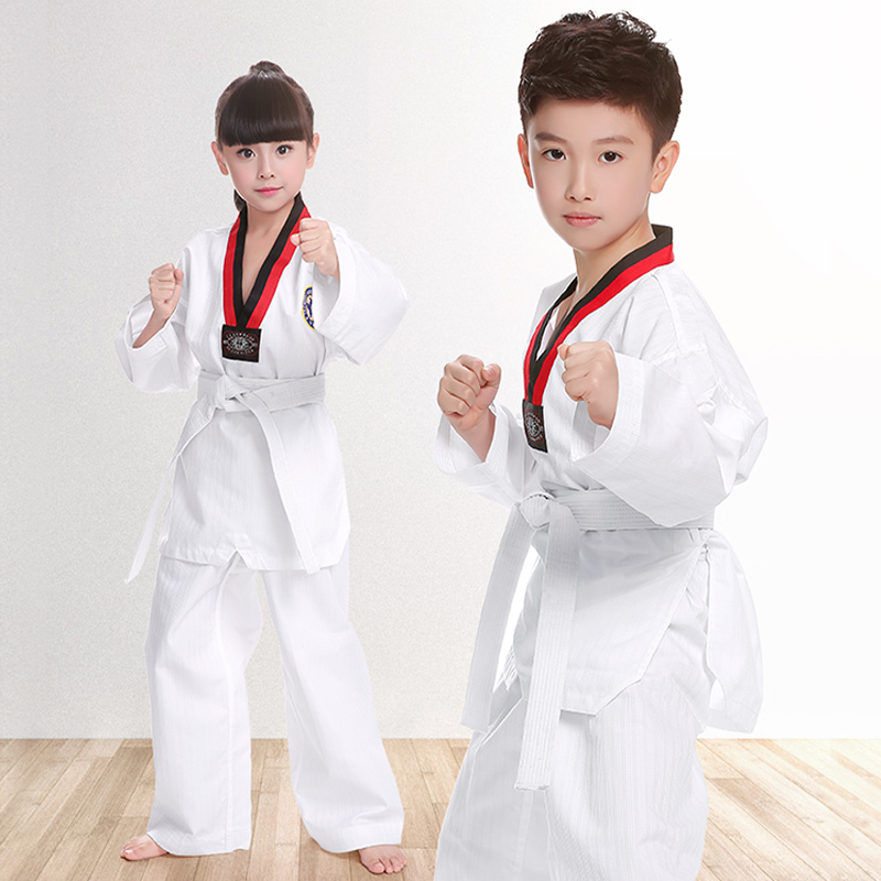 Wit Taekwondo Karate Uniformen Wtf Judo Dobok Kleren Kinderen Volwassen Unisex Lange Mouw Tkd Kostuums Kleding
