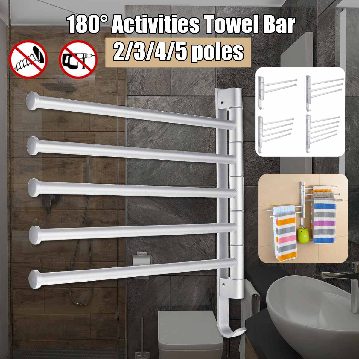 Bathroom Swivel Towel Bar 4-Arm Stainless Steel Swing Hanger Towel Rack with Hook Space Saving Wall Mount Rotating Towel Rail