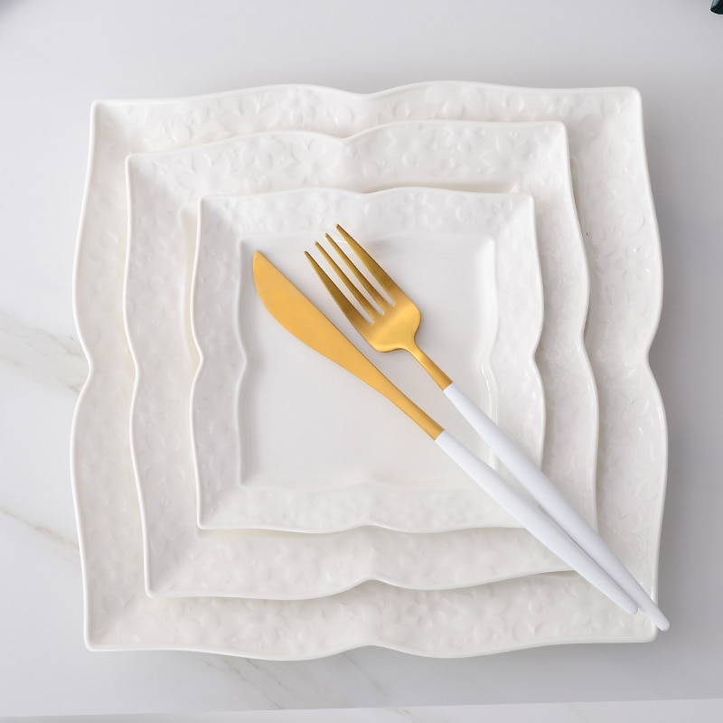 3pcs set, 6+8+10inch, plain white embossed porcelain kitchen plates sets, ceramic square servies borden, wedding buffet dishes