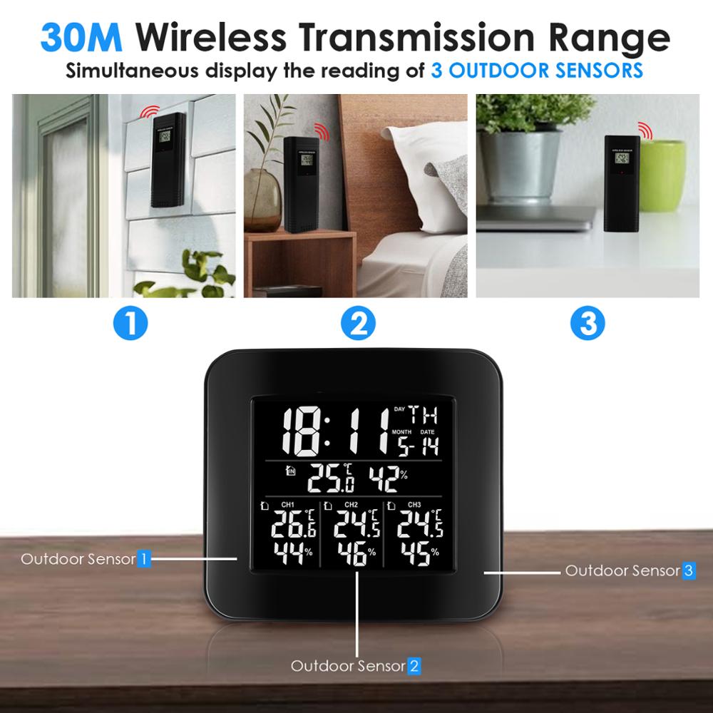 Digital Wireless Weather Station Indoor Outdoor Temperature & Humidity Hygrometer w/ 3 Sensors Alarm Clock Function LED Light