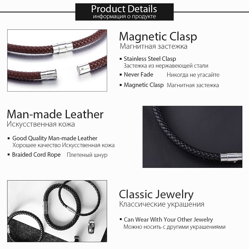 Davieslee 4/6/8mm Leather Bracelet For Men Black Braided Rope Stainless Steel Clasp 20/23/25cm Men's Bracelet DLBM118