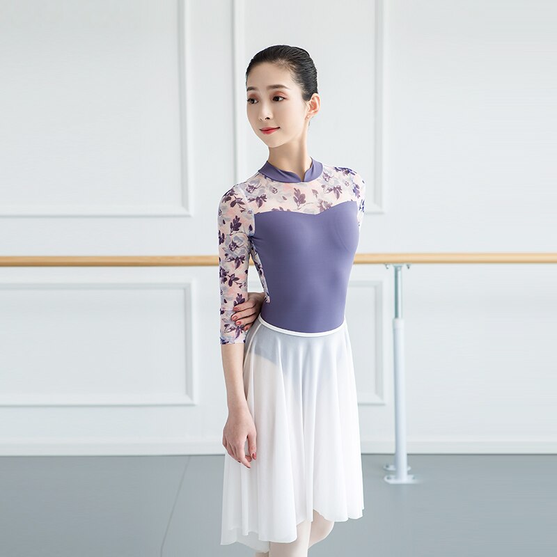 Ballet Leotard Adult Gymnastic Leotard Ballerina Floral Ballet Leotards for Women Long Sleeve Ballet Dress Mesh Dance Skirt