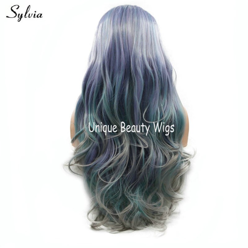 Sylvia Mermaid Kleur Pruik Lange Pastel Paars/Blauw/Grijs Ombre Synthetische Lace Front Pruik voor Vrouwen Lange Warmte vriendelijke Drag Queen Pruik