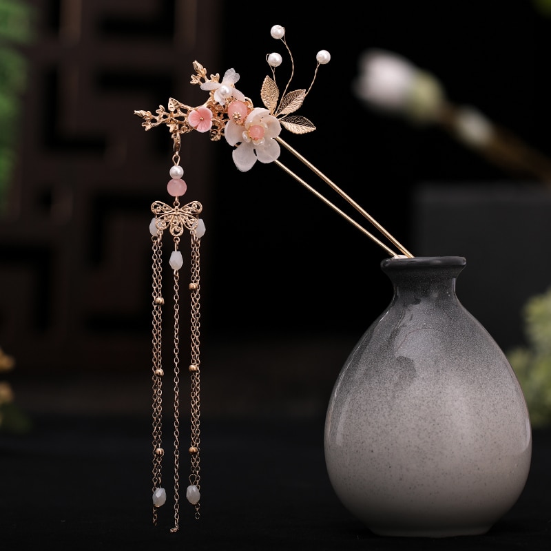 Chinese Long Hair Stick tiara Headpiece Women Hair Accessories Flower Crystal Pearl Hair Pins Handmade Hair Jewelry Accessories