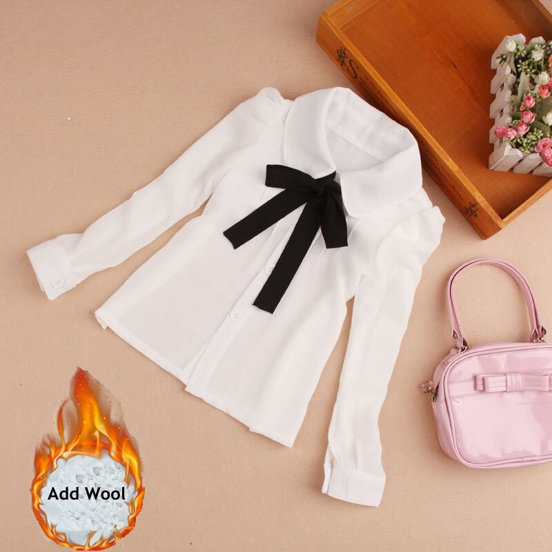 Blusas blancas de gasa para niñas, ropa escolar para adolescentes, camisetas de fondo para niñas, blusa negra con lazo y cuello vuelto.: Añadir lana / 8