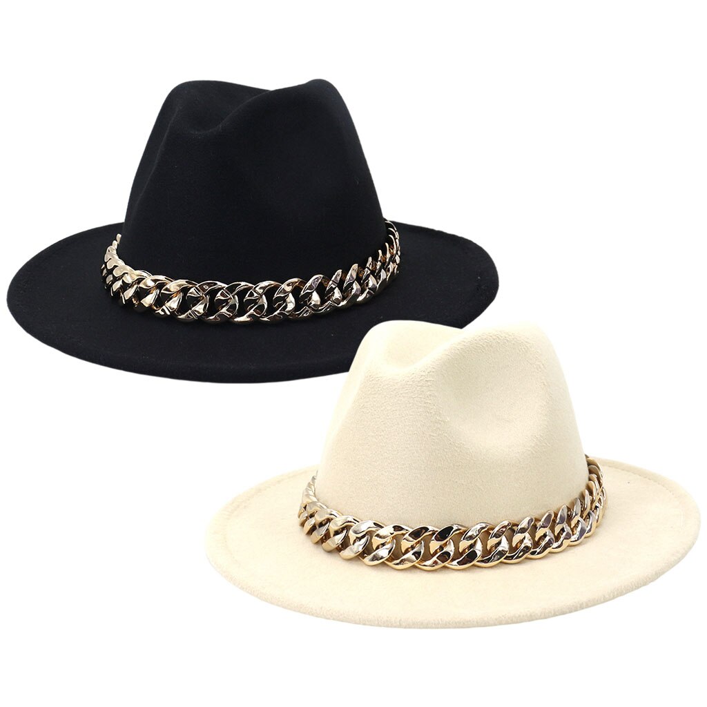 Wide Brim Fedora Hat with Gold Chain Wide Brim Thick Panama Classic British One Size for Women Travel Gentleman Ladies