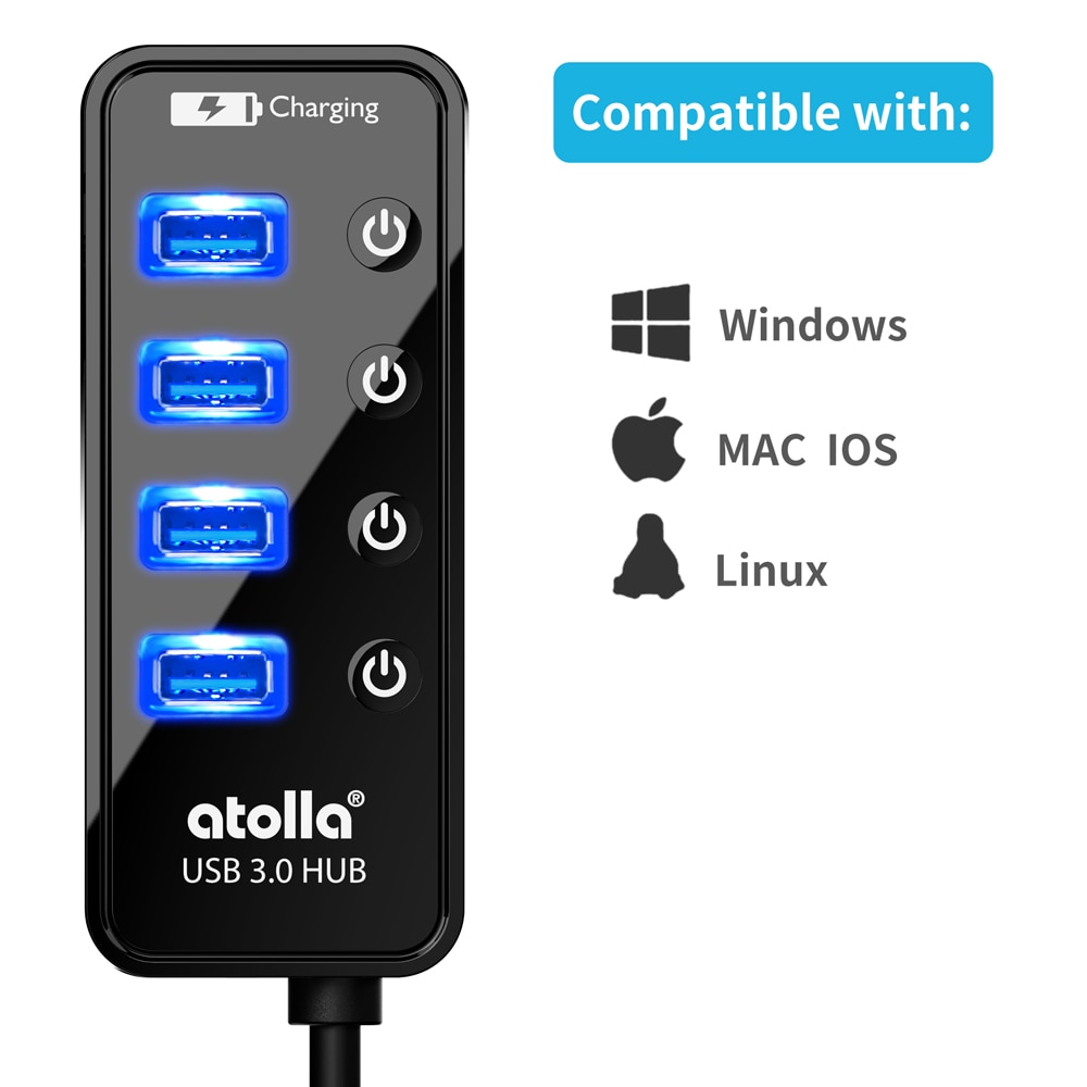 Atolla Usb 3.0 Hub Met Power Adapter, 4 + 1 Data-overdracht En Opladen Multipoort, high-Speed 5Gbps Usb Splitter Voor Macbook Air