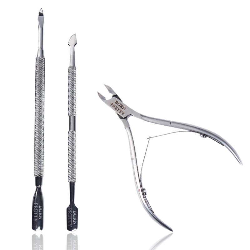 BORN PRETTY 3Pcs Stainless Steel Nail Cuticle Pusher Spoon Remover Cutter Nipper Clipper Nail Scissors Nail Art Tools