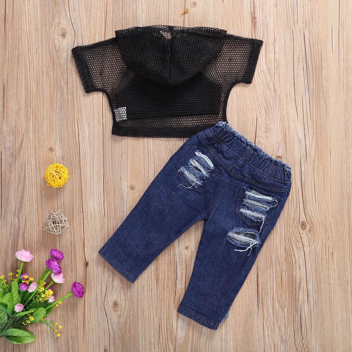Spädbarn barn 3 st uppsättningar fisknät huva grödor väst toppar slitna hål jeans byxor ytterkläder barn sommarkläder