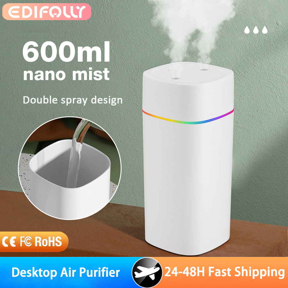 Luchtbevochtiger Dubbele Spray Port Essentiële Olie Aromatherapie Luchtbevochtiger Mute Verstuiver Kleurrijke Verlichting Voor Thuiskantoor Auto 600ML