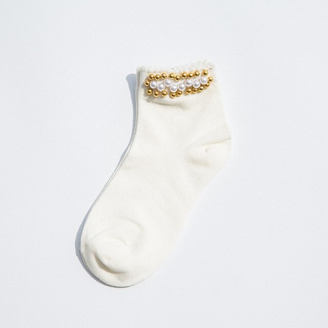 Black/White Korean Reto Pearl Socks Women Elastic Cotton Handmade Meias Socks Harajuku Calcetines Mujer: C