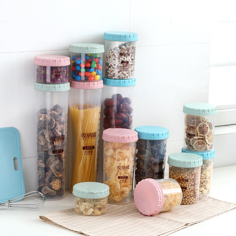 300-1800ml Multi Capacity Food Storage Container Bean Corn Spaghetti Storage Can Crisper Jars Organizer Wheat Material