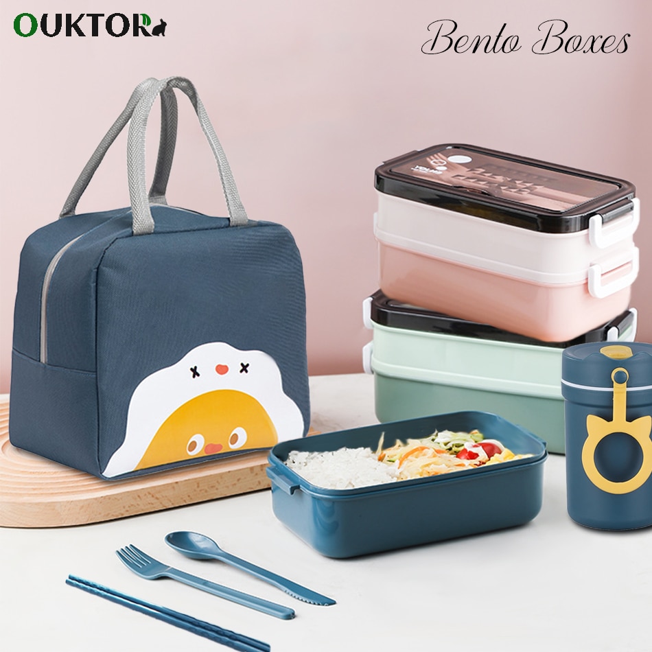Double Layer Lunch Box Bento Box With Soup Bowl Leak-Proof Bento Box Dinnerware Set Microwave Adult Kids Office Food Storage Box