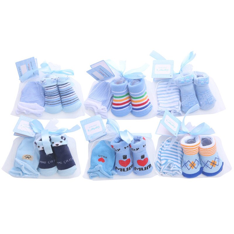 1 Bag Glove+Socks For Newborns Baby Cute Cartoon Socks For Girls Thin Soft Cotton Boy Child Socks Infants: 1 bag random Blue